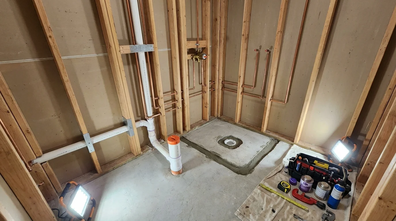 Bathroom rough-in plumbing during remodel by Johns Plumbing LLC in Berkley