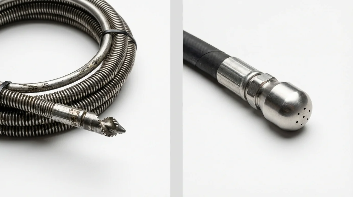 Drain snake cable and hydro jetting nozzle used for drain cleaning in Berkley, MA