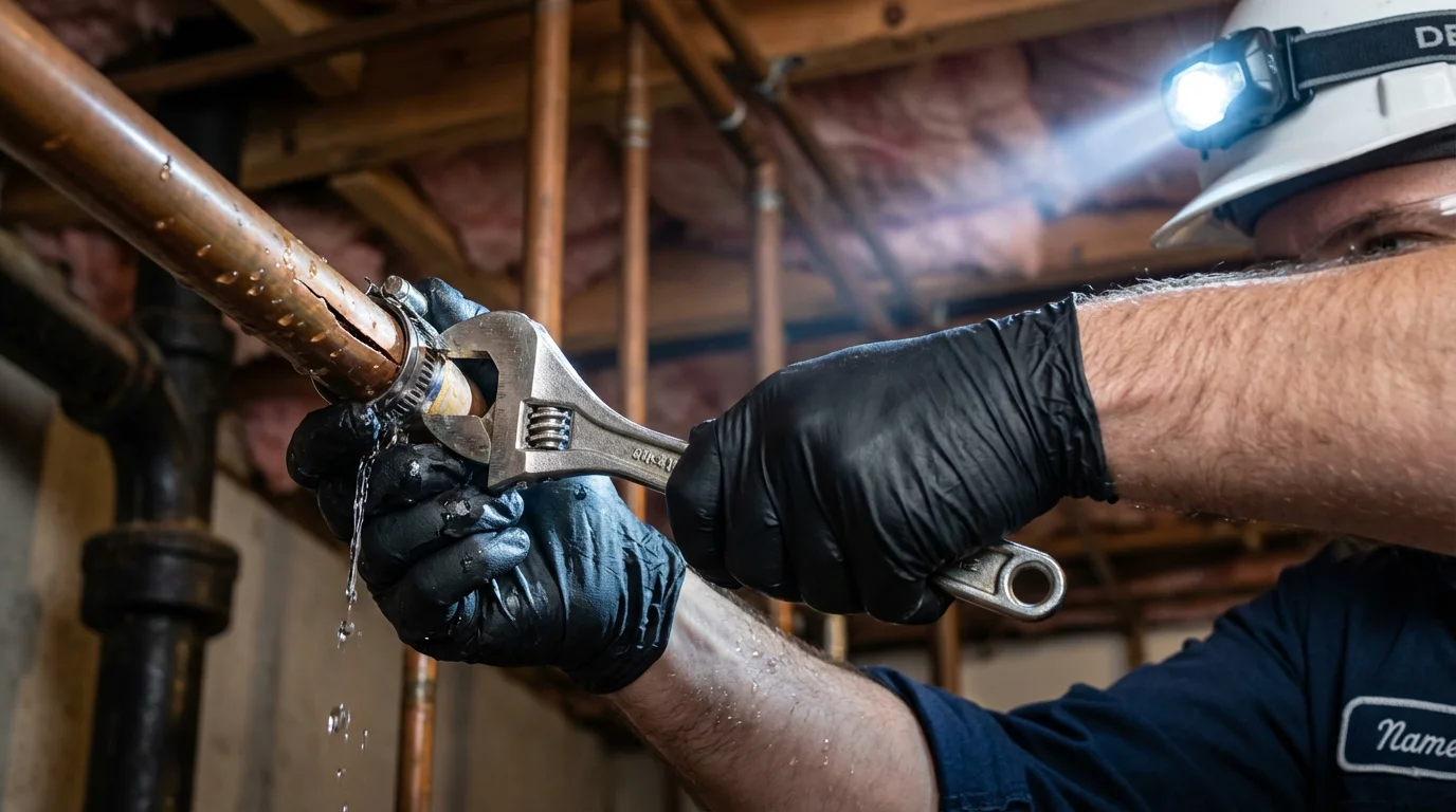 Emergency pipe clamp repair being performed by a Johns Plumbing LLC plumber in Berkley