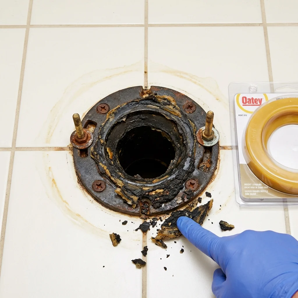 Failed wax ring showing water seepage at the base of a toilet in a Berkley, MA home