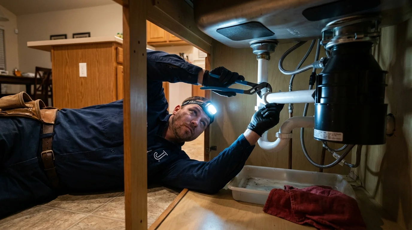 P-trap and supply line connections under a kitchen sink showing a common leak point in Berkley, MA